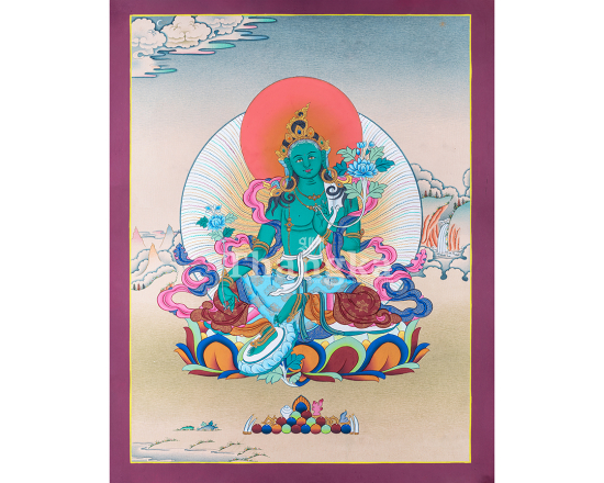  Hand Painted Green Tara Thangka Painting Mother of Compassion
