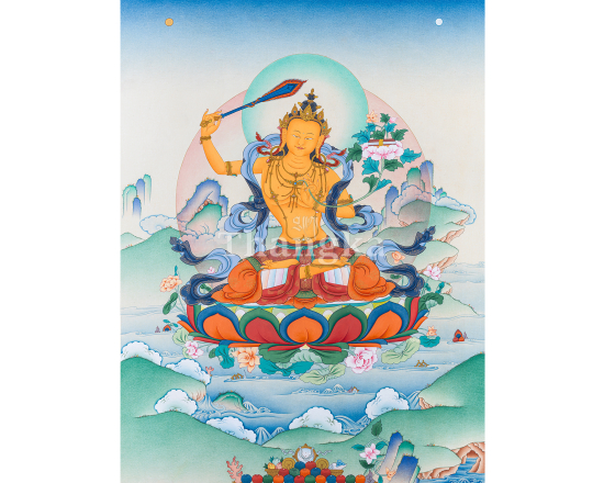 Manjushri Thangka | Embodiment of Supreme Wisdom and Insight I Stone Mixed Paste 