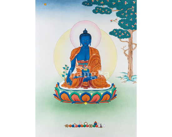 Medicine Buddha Thangka Bhaisajyaguru Healing Deity Healing Light Buddha Art Lapis Lazuli Buddha Painting Medicine Buddha Meditation Thangka