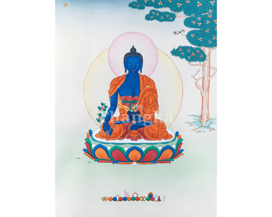 Medicine Buddha Thangka Bhaisajyaguru Healing Buddha Art Lapis Blue Buddha Painting Buddhist Healing Thangka Medicine Buddha for Health and Protection