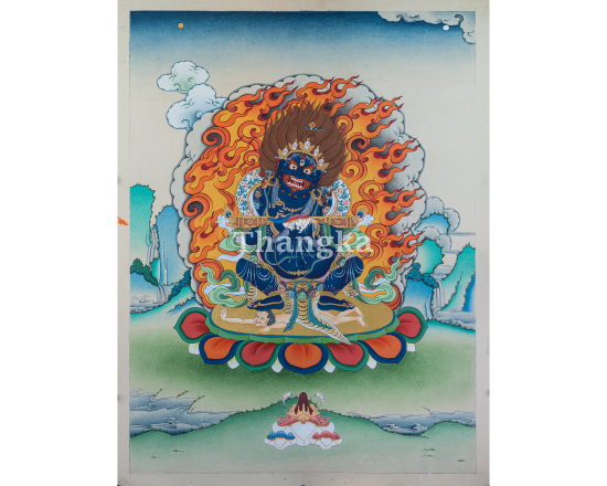 Shakyamahakala thangka Mahakala protector painting Tibetan Buddhist wrathful deity art Shakyamuni Buddha protector thangka Himalayan sacred art handmade Nepal thangka Buddhist protection painting meditation shrine art