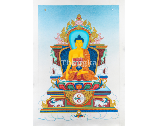 Shakyamuni Buddha thangka Buddha on throne Tibetan Buddhist painting Himalayan sacred art meditation thangka handmade Nepal Buddha wall art lotus throne thangka Buddhist altar decor enlightenment thangka