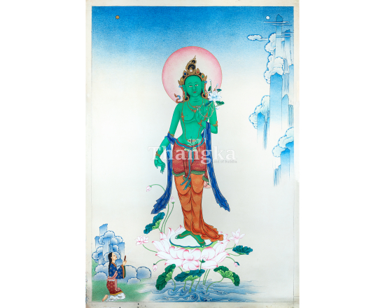 Standing Green Tara thangka Green Tara painting Tibetan Buddhist art Bodhisattva of Compassion Himalayan thangka meditation handmade Nepal sacred Buddhist wall art Green Tara protector thangka Buddhist altar decor