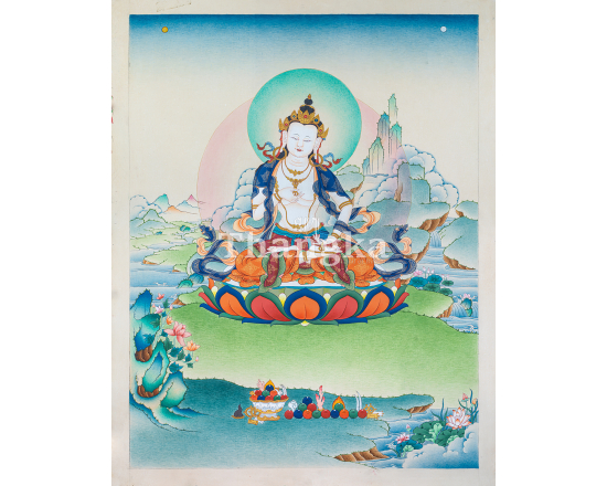 Vajrasattva thangka purification Buddha painting Tibetan Buddhist art Himalayan sacred thangka meditation thangka handmade Nepal Buddhist altar art vajra bell thangka white Buddha painting