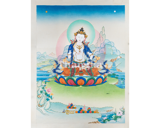 Vajrasattva thangka purification Buddha Tibetan Buddhist painting Himalayan sacred art meditation thangka handmade Nepal vajra bell thangka white Buddha sacred painting Buddhist altar art