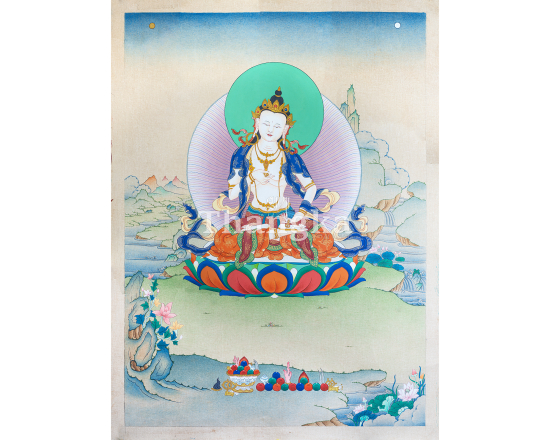 Vajrasattva thangka Diamond Being Buddha purification painting Tibetan Buddhist art Himalayan sacred thangka meditation handmade Nepal vajra bell thangka white Buddha sacred art