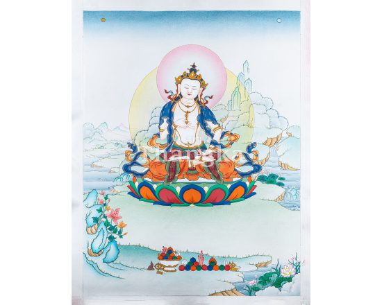 Vajrasattva thangka Vajrayana purification Buddha Tibetan Buddhist iconography Himalayan sacred art meditation thangka handmade Nepal vajra bell thangka white Buddha painting sacred altar art