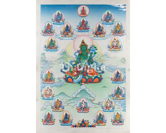 21 Tara thangka Twenty One Taras Tibetan Buddhist art Tara mandala Himalayan sacred painting meditation thangka handmade Nepal compassion goddess altar art protector thangka Vajrayana Tara wall art
