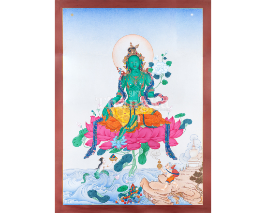 Green Tara artwork Buddhist goddess painting Himalayan thangka art Vajrayana deity sacred wall hanging meditation room decor Nepalese thangka compassion deity spiritual home altar Tara artwork