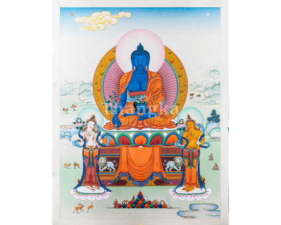 Medicine Buddha thangka Bhaisajyaguru Tibetan healing Buddha Himalayan sacred painting meditation thangka handmade Nepal blue Buddha medicine altar art Buddhist wall art spiritual healing deity