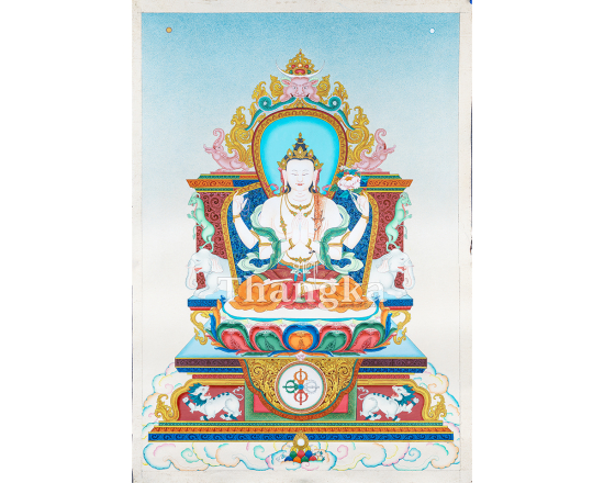 Chenrezig Seated on Throne Thangka Avalokiteshvara Compassion Deity Authentic Tibetan Art