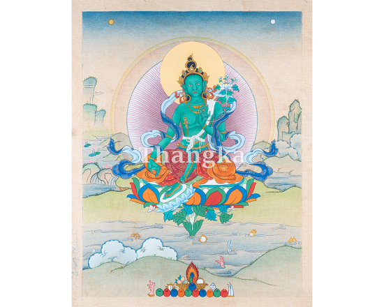 Green Tara Lotus Throne Thangka Compassionate Female Deity Handmade Tibetan Art