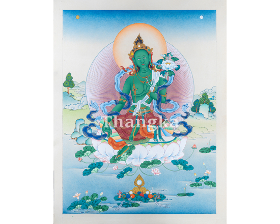 Green Tara Sacred Lotus Thangka Swift Compassion Goddess Authentic Tibetan Buddhist Art
