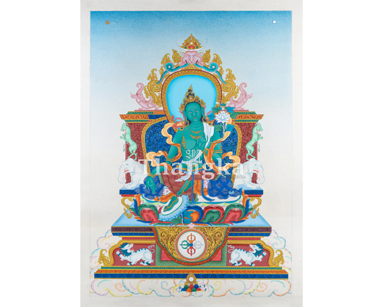 Green Tara Throne Thangka Compassionate Goddess on Royal Seat Authentic Tibetan Thangka Art