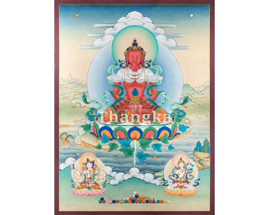 Tse Lha Nam Sum Thangka Long Life Trinity Amitayus White Tara Ushnishavijaya Authentic Tibetan Thangka