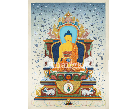 Shakyamuni Buddha with Pigeons Thangka | Symbol of Peace & Compassion | Authentic Tibetan Art