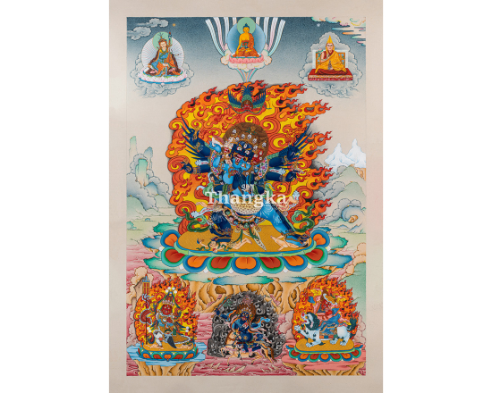 Hand Painted Vajrakilaya Thangka with Guru Rinpoche Dorje Drollo Kalachakra Palden Lhamo Shakyamuni Buddha Dalai Lama Traditional Tibetan Buddhist Art