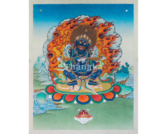 Shakyamahakala thangka Mahakala wrathful protector painting Tibetan Buddhist iconography thangka Shakyamuni protector art Himalayan sacred painting handmade Nepal thangka monastery shrine art